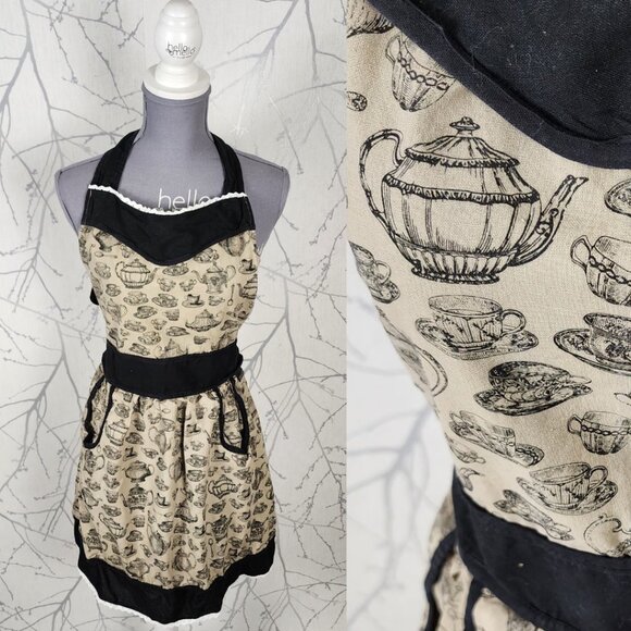 Harman Beige Black Kettles Print Tie Back Cotton Apron - Picture 1 of 5